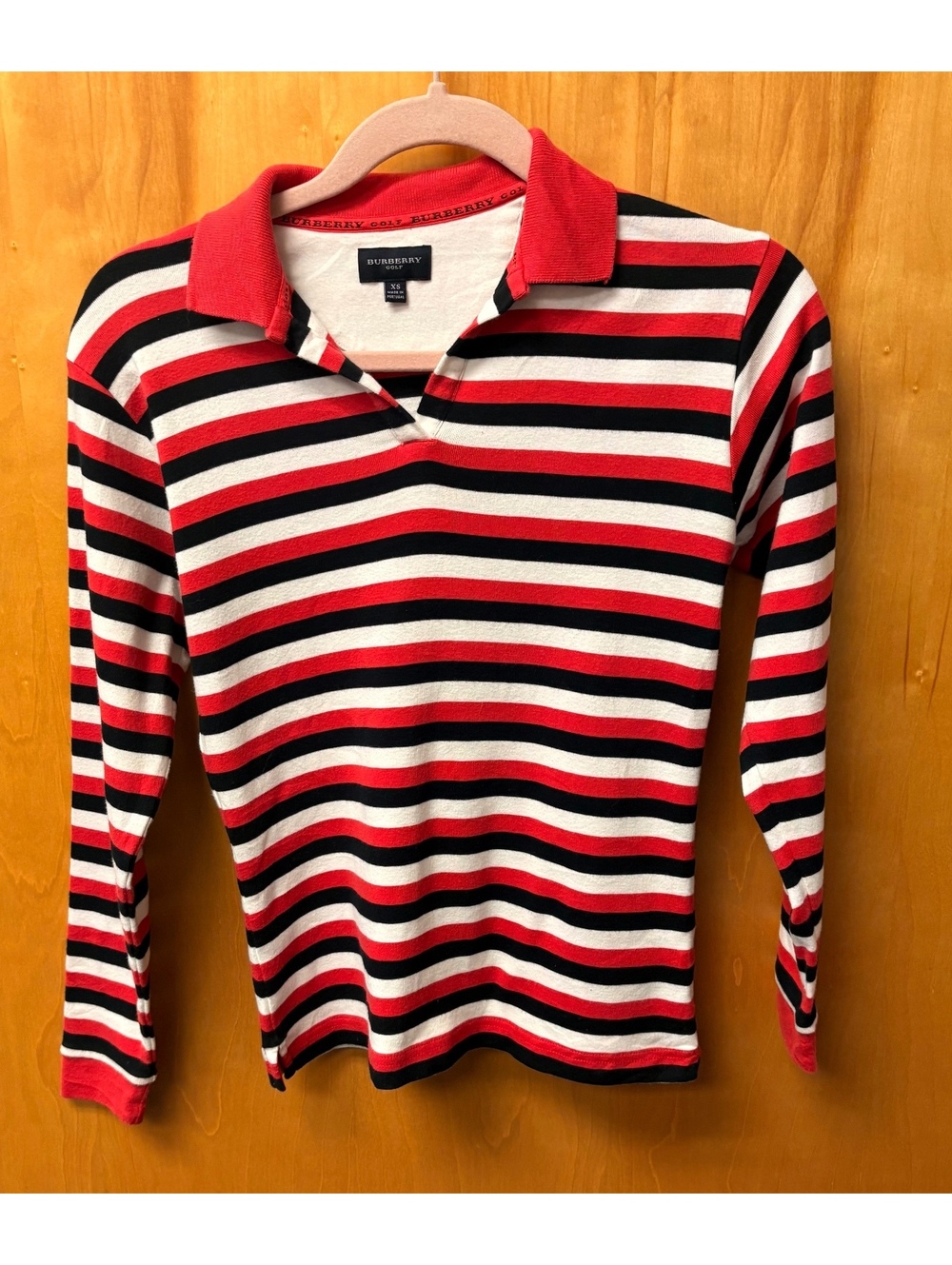 Burberry Golf XS Striped Long Sleeve Polo Shirt Red Black White